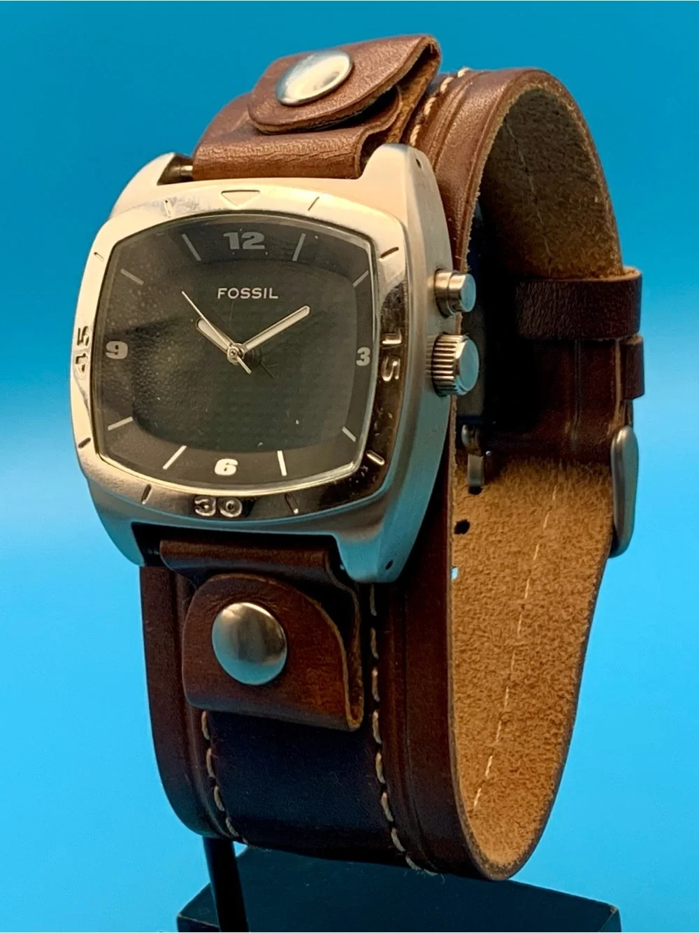 FOSSIL BIG TIC AM-3741 Men’s Vintage Quartz Wristwatch Bund Band Works New Batt